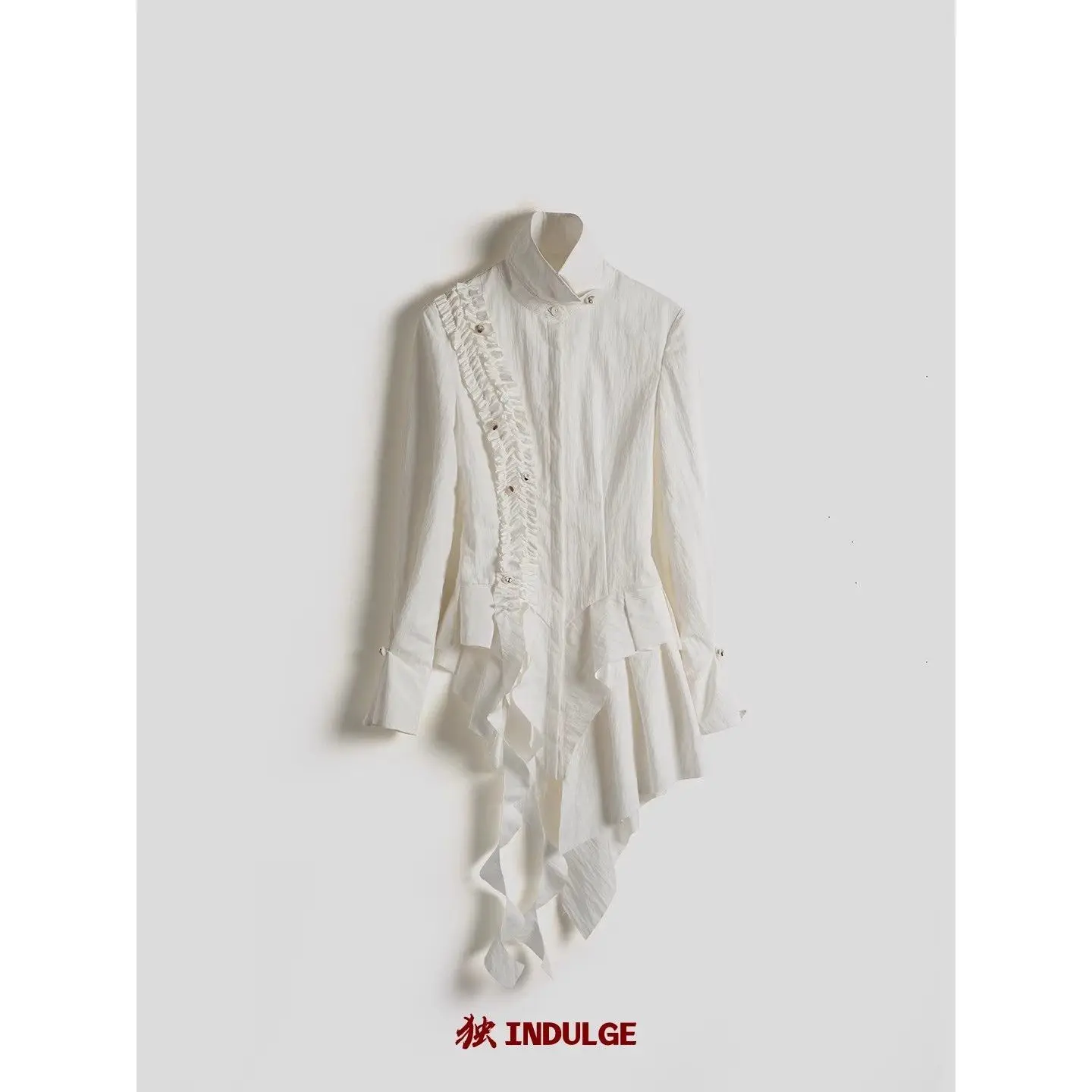 

Frisson of Lace Asymmetrical Blouse Women White Ruffle Trim Tied Waist Long Sleeve Peplum Top Winter Minimalist Office Elegant B