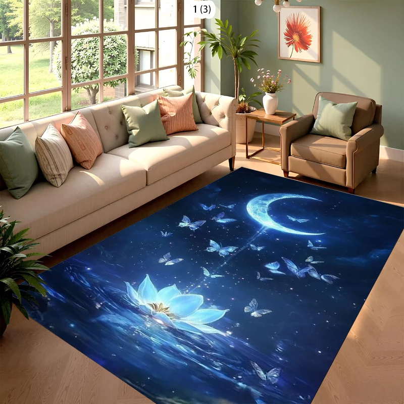 Alfombra Decorativa Dreamy Moon con Diseño de Mariposas y Lotos, Antideslizante y Lavable, con Estampado de Noche Estrellada, para Sala de Estar, Dormitorio Infantil, Decoración de Estilo Minimalista