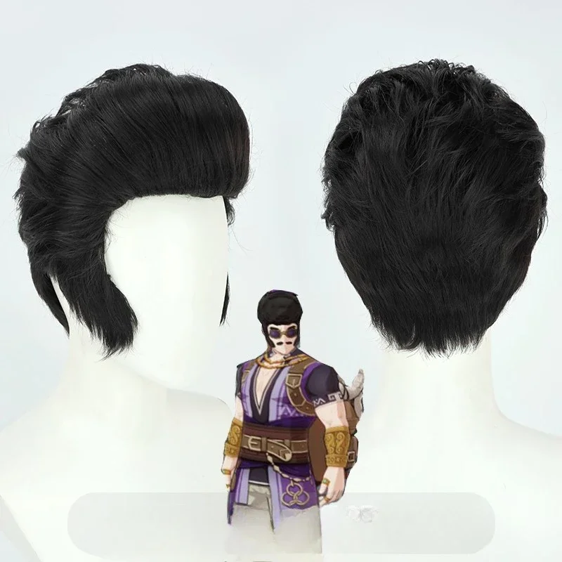 Game Genshin Impact Cosplay Liben Wig NPC Liben Slicked back Short Black Hair Halloween Party Role Play Wigs for Men Boys