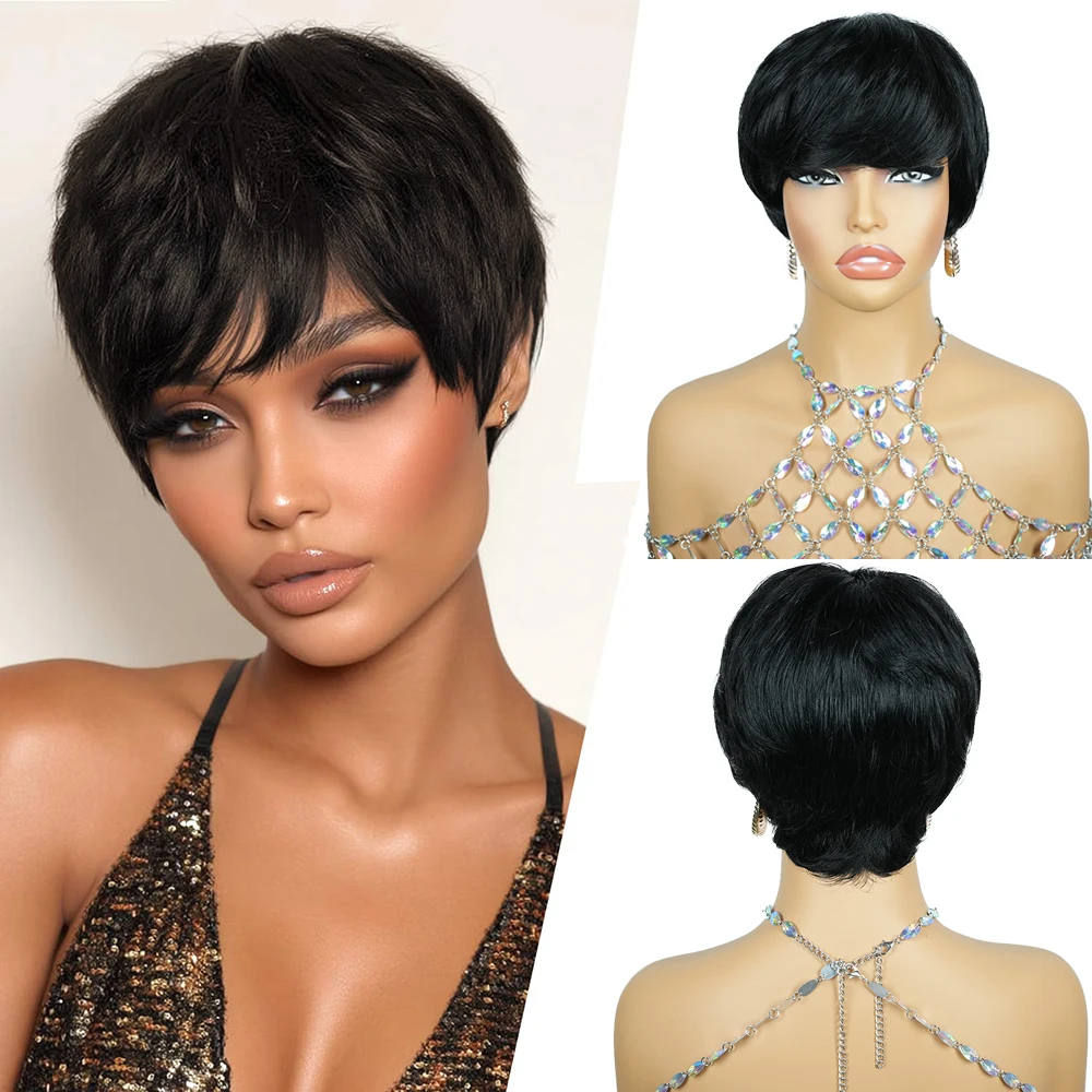 1B P4/27 Color Short Pixie Cut Wigs Human Hair Full Machine Made Wig With Bangs Straight Hair 100% Human Hair Wigs For Women