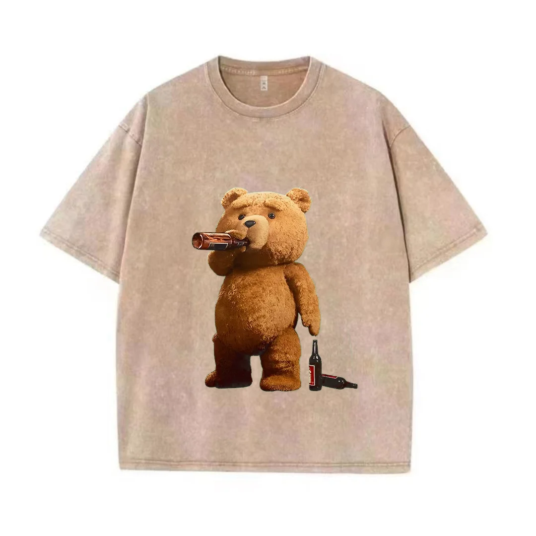 Cute Ted Bear Drinking Beer Poster Fun Printed Washed Cotton T-Shirt Men\'s Casual Short Sleeve Loose Thick Breathable T Shirt