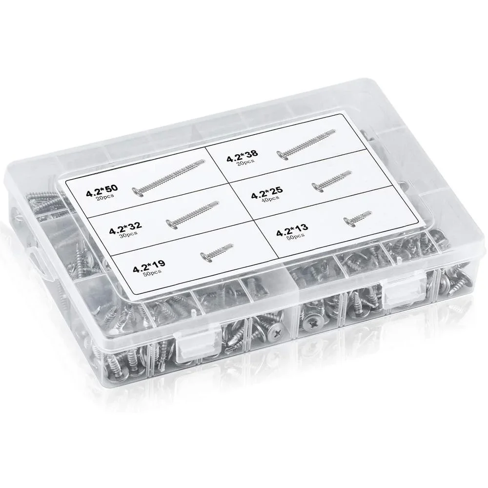 STONEGO 1Set/210Pcs 410 Stainless Steel Large Flat Head Drill Tail Screw Self-tapping Screw Screw Drill Screw Kit Set
