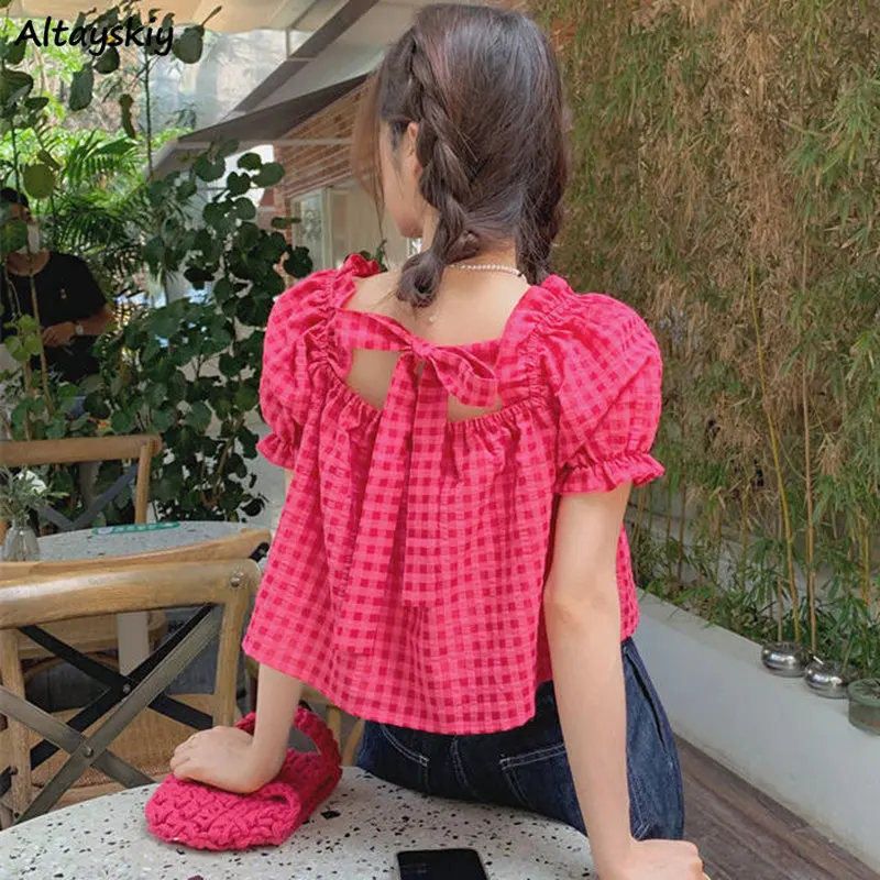 Crop Tops Blouses Women Plaid Sweet Summer Bandage Loose Tender Streetwearr Fashion Girlish Chic Ulzzang Aesthetic Teens Casual