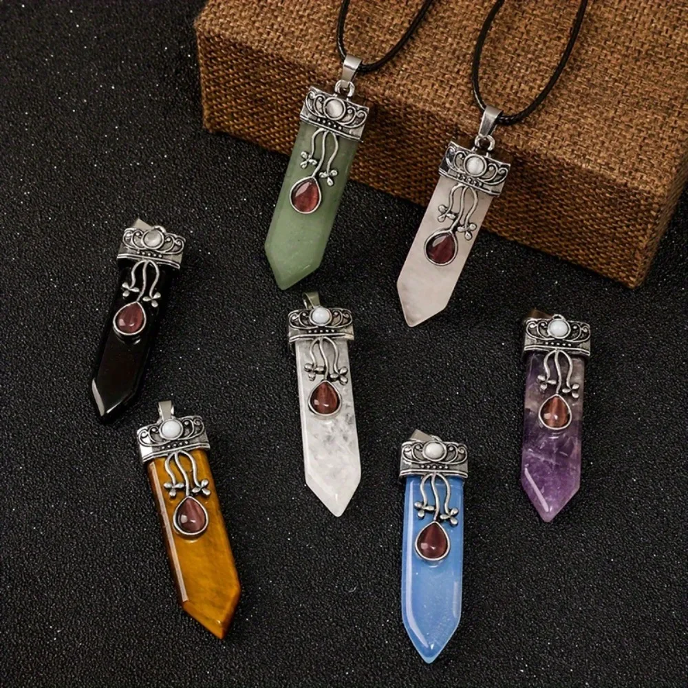 

Vintage Sword Shape Natural Stone Pendants, Retro Healing Crystal Necklaces for Men Women