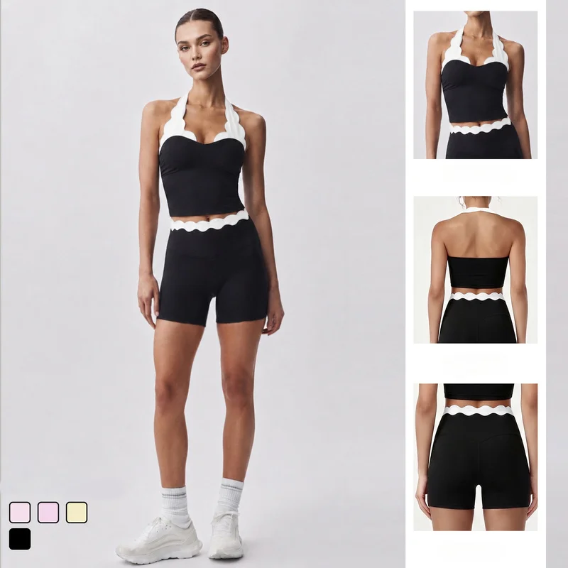 SharpStar Color-Blocked Halter Neck Tank Top Set 2pcs Tight-Fitting Sports Suit Scallop-shaped Yoga Pilate Outfit Plus Size