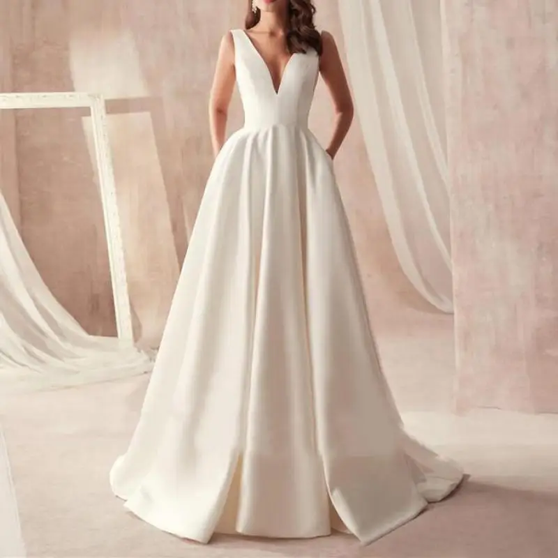 Vestido De novia con escote en V profundo y espalda descubierta para mujer, vestido De novia De satén con tren, Sexy vestido De novia, vestido De línea A Simple y elegante, nuevo