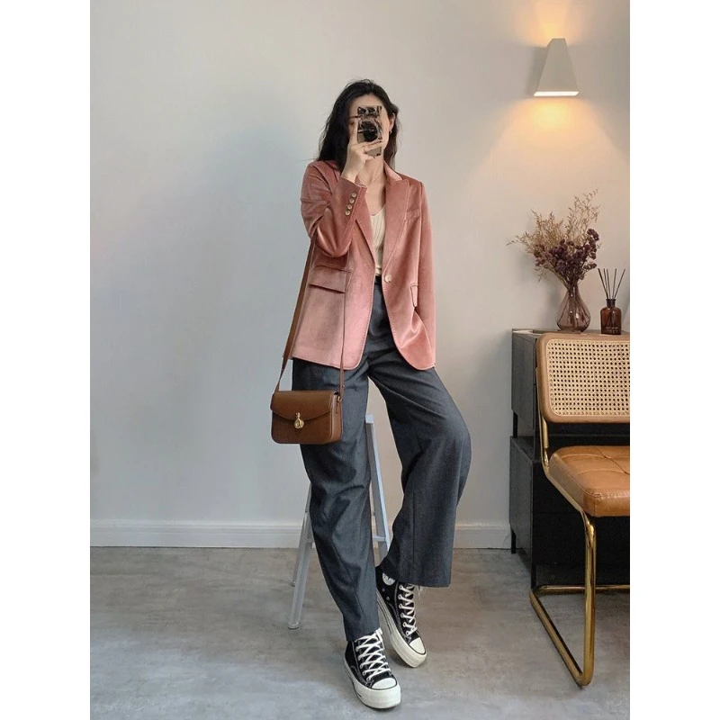 Early Fall New Unique Super Good-looking Korean Version Lazy Wind Loose Color Contrast Splice Lantern Sleeve Jacket Casual Style