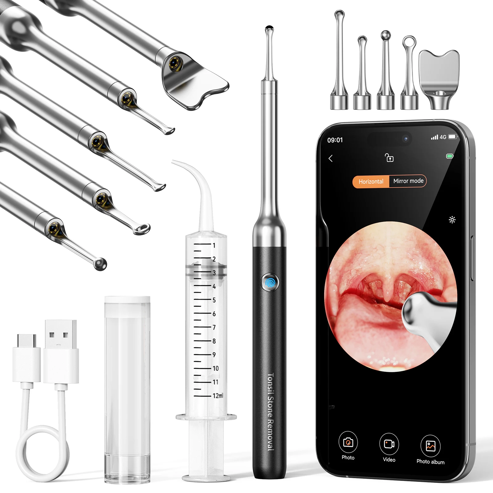 Upgraded Tonsil Stone Remover with Camera, 1080P HD Visual Removal Kit with 6 LED Lights And 5 Stainless Heads, for At-Home Prevention And Oral Care, USB Rechargeable Ios Android Compatible Safe Cleaning Tool Kit