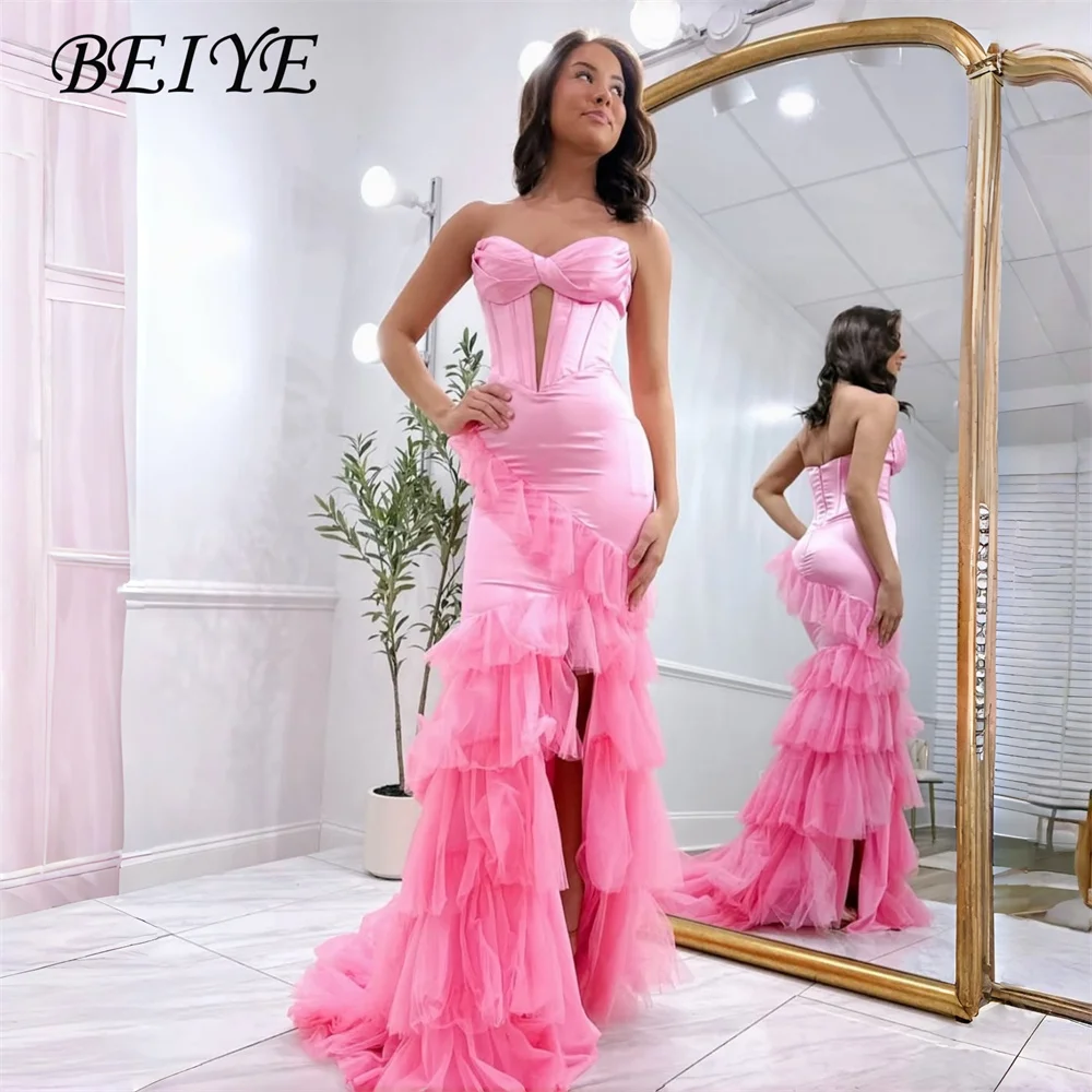 

Вечерние платья BEIYE Princess Pink Mermaid для женщин: V-образный вырез, без рукавов, плиссировка, многоярусные, с открытой спиной, с разрезом, для вечеринок, на заказ