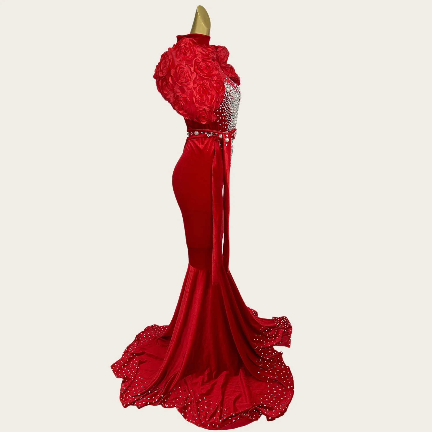 Sirong glitzerndes Kristallperlen-Samtkleid für Damen, formelles langes Kleid mit Puffärmeln und Kronenhandschuhen, Club-Abschlussball, Party, Queen Couture