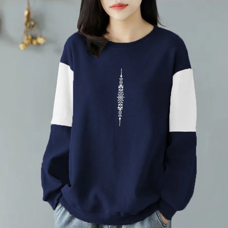 New Spring Autumn Fashion Loose Size All Cotton Panel Contrast Color Versatile Casual Slim Age Reducing Women\'s Sweater