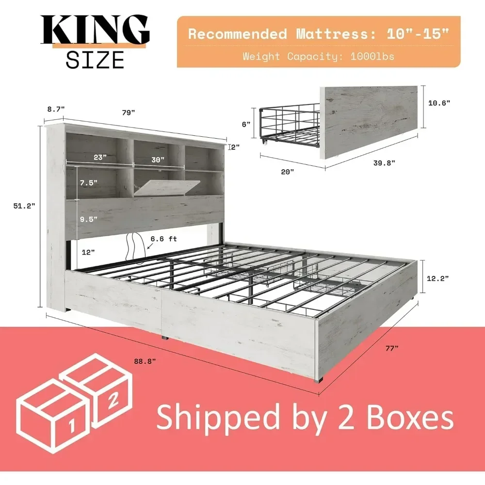 Bed Frame Platform Bed with 51.2" Storage LED Bookcase Headboard 4 Drawers & Charging Station/No Box Spring Needed Beds
