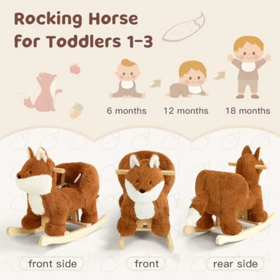 Koń na biegunach dla niemowląt, koń na biegunach w kształcie brązowo-czerwonego lisa z pasem bezpieczeństwa, pluszowy konik na biegunach dla dzieci, pluszowa zabawka na biegunach dla dzieci