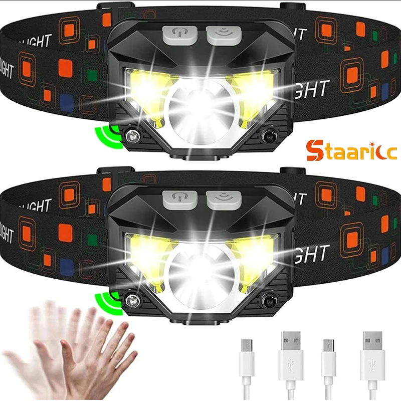 STAARICC Powerful XPE+COB Motion Sensor Headlamp USB Rechargeable 8 Lighting Modes LED Head Flashlight Camping Fishing Headlight