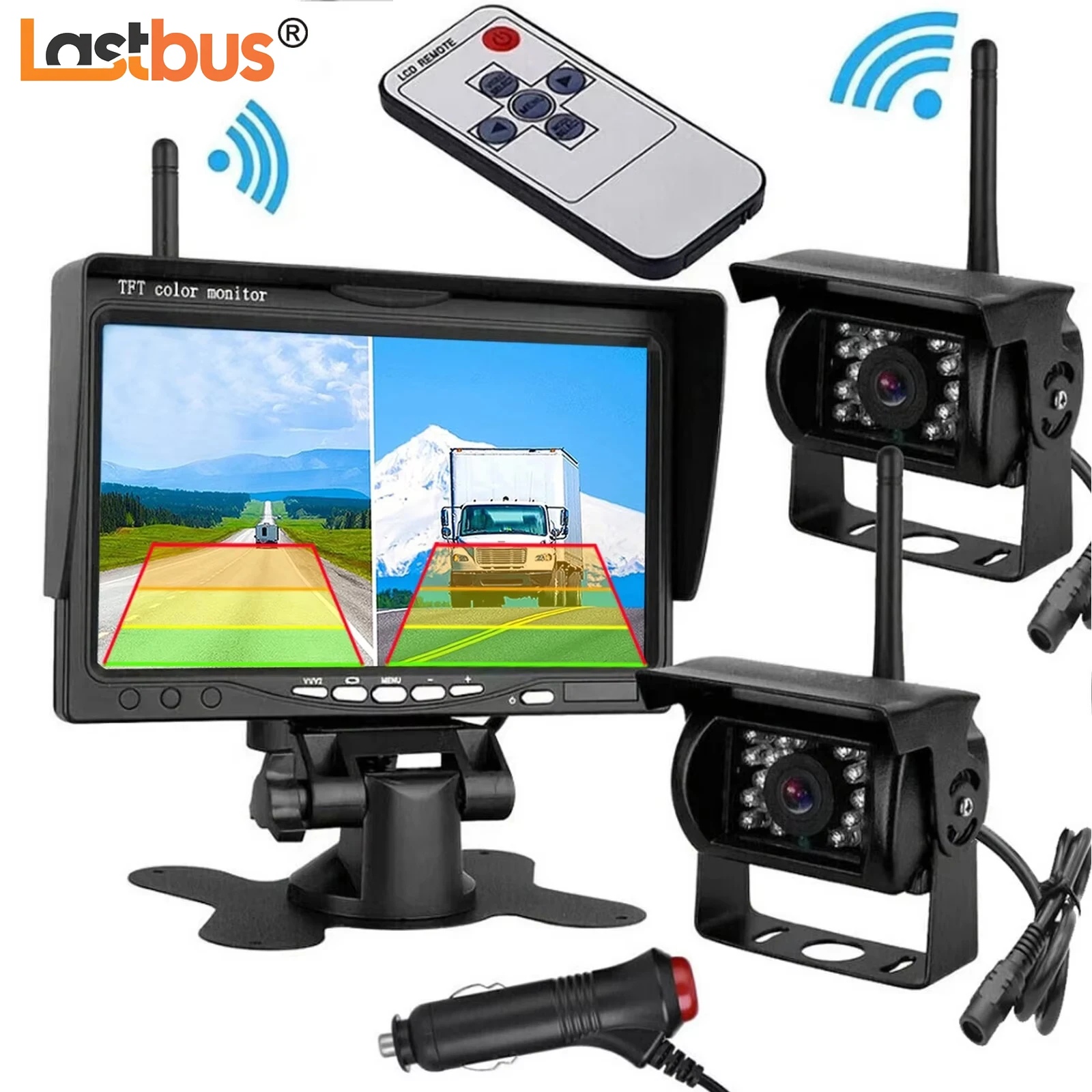

Lastbus 7" Wireless Split Monitor+Wireless 2x Reversing Camera 18 IR LEDs Night Vision Waterproof Kit For Truck Trailer Caravan