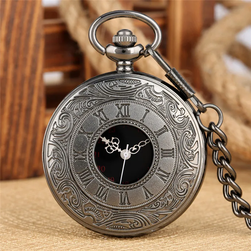 Old Fashion Pocket Watch Carving Roman Number Cover Quartz Watches for Men Women Half Hunter Click Chain Collectable Timepiece