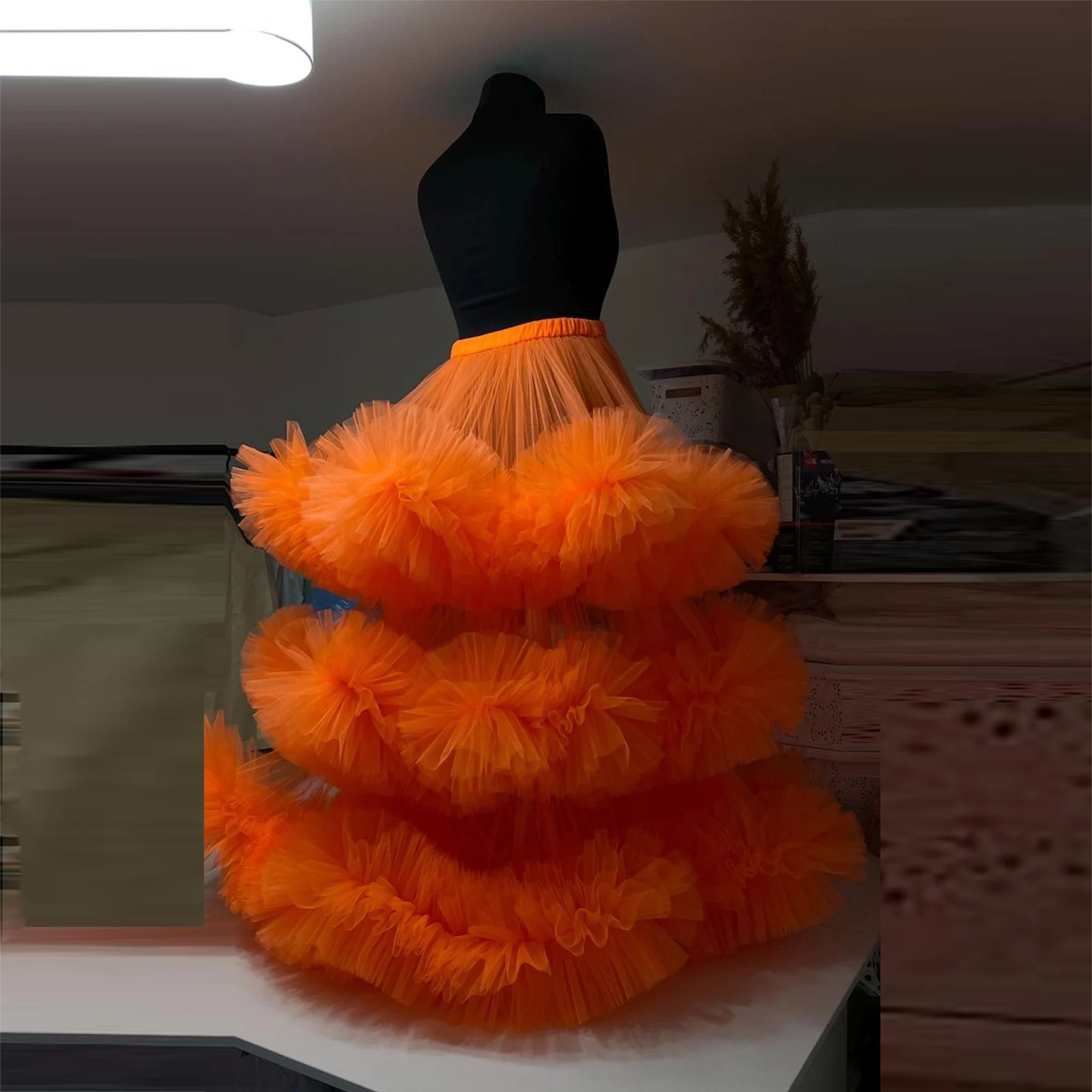 

Orange Tulle Ruffles Ball Skirt Elastic Waist Tiered Floor Length Wedding Party Skirts Custom Made Color And Size Skirt
