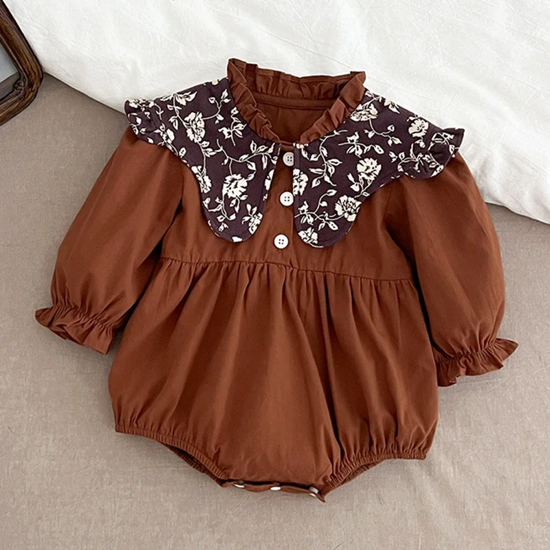 2025 Spring Autumn Baby Romper Retro Flower Long Sleeve Baby Newborn Jumpsuit 0-2Yrs Baby Girl Clothes Toddler Costume Bodysuits