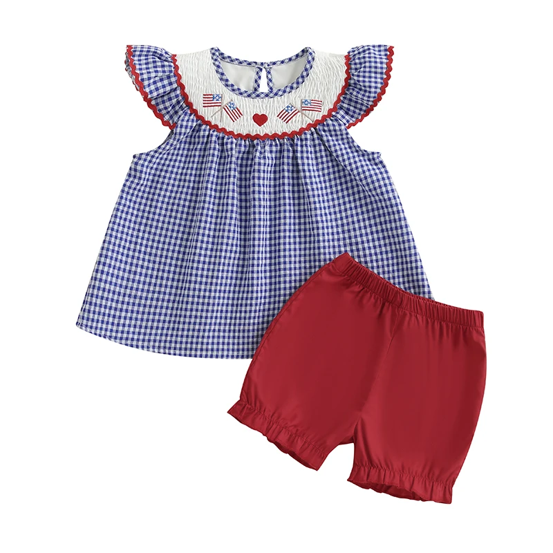 

3-7Y Kids Girls Summer Shorts Sets Fly Sleeve Plaid Embroidery Flags Tops with Shorts 2-piece Outfit for 4th of July
