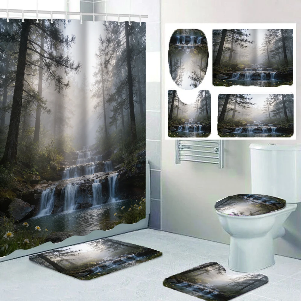 

Комплект для ванной комнаты «Лесной пейзаж» (4/1): занавеска для душа, декор для унитаза, занавеска для душа с ковриком и крышкой для унитаза, размер 70,8x70,8 дюймов