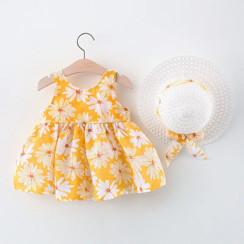 Baby Girl 3 Colors Daisy Print Sling Dress Big Bow Back Sundress with Sun Hat Infant Summer Casual Beach Clothes Set