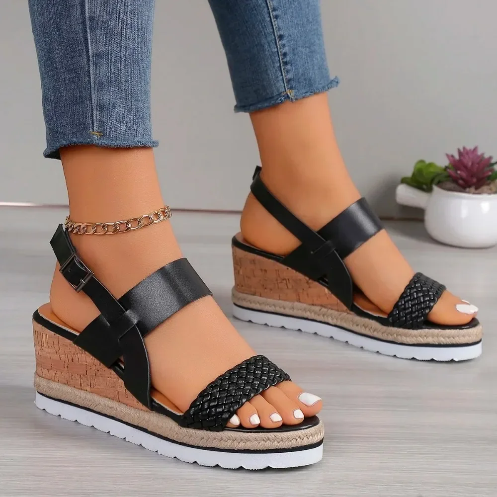 Women Wedge Sandals 2024 Summer New Bohemia Style High Heels Fashion Open Toe Rhinestones Elastic Strap Outdoor Dressy Sandals