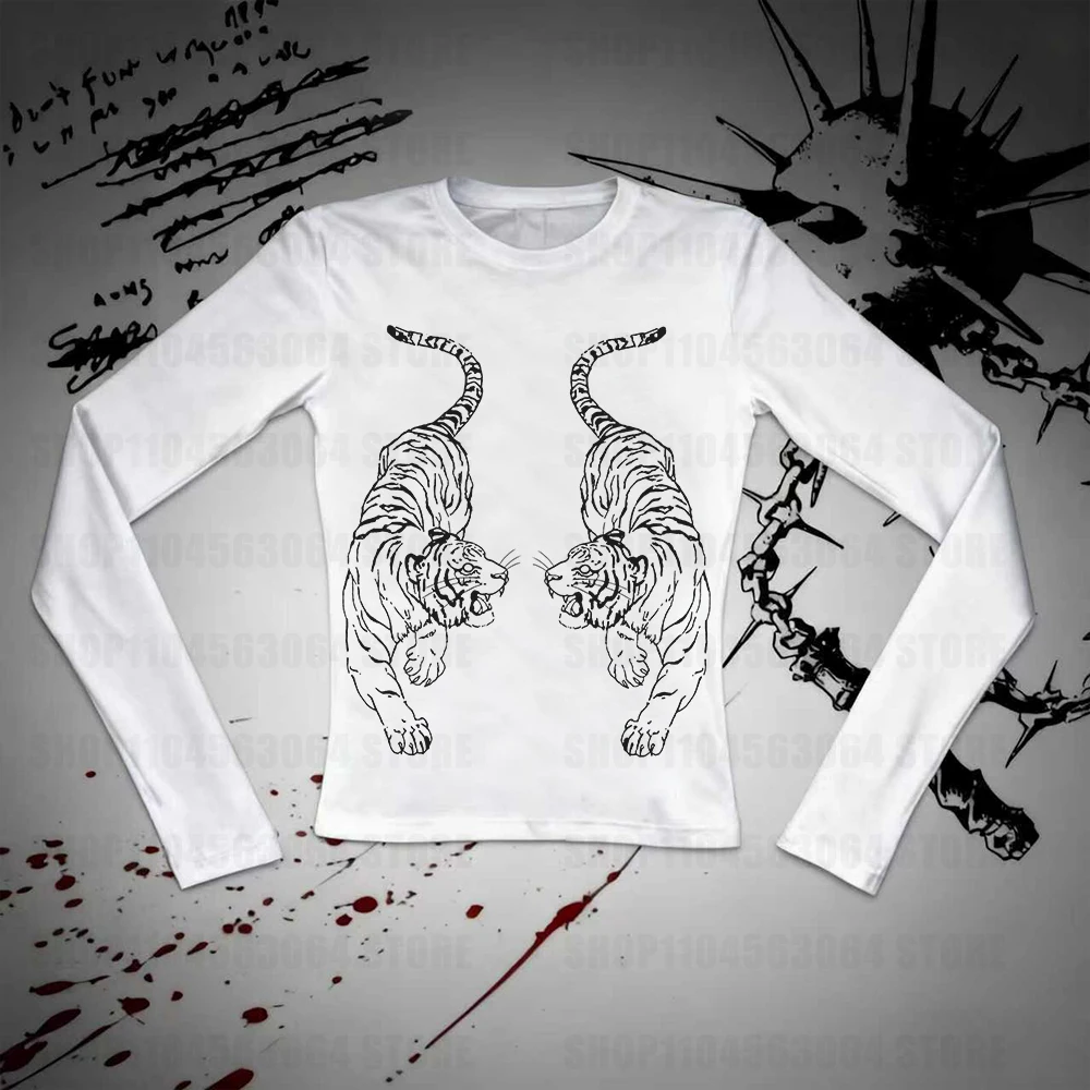 Women's tiger print women's long sleeved baby T-shirt Y2K style women's T-shirt Harikuro cute K-pop style