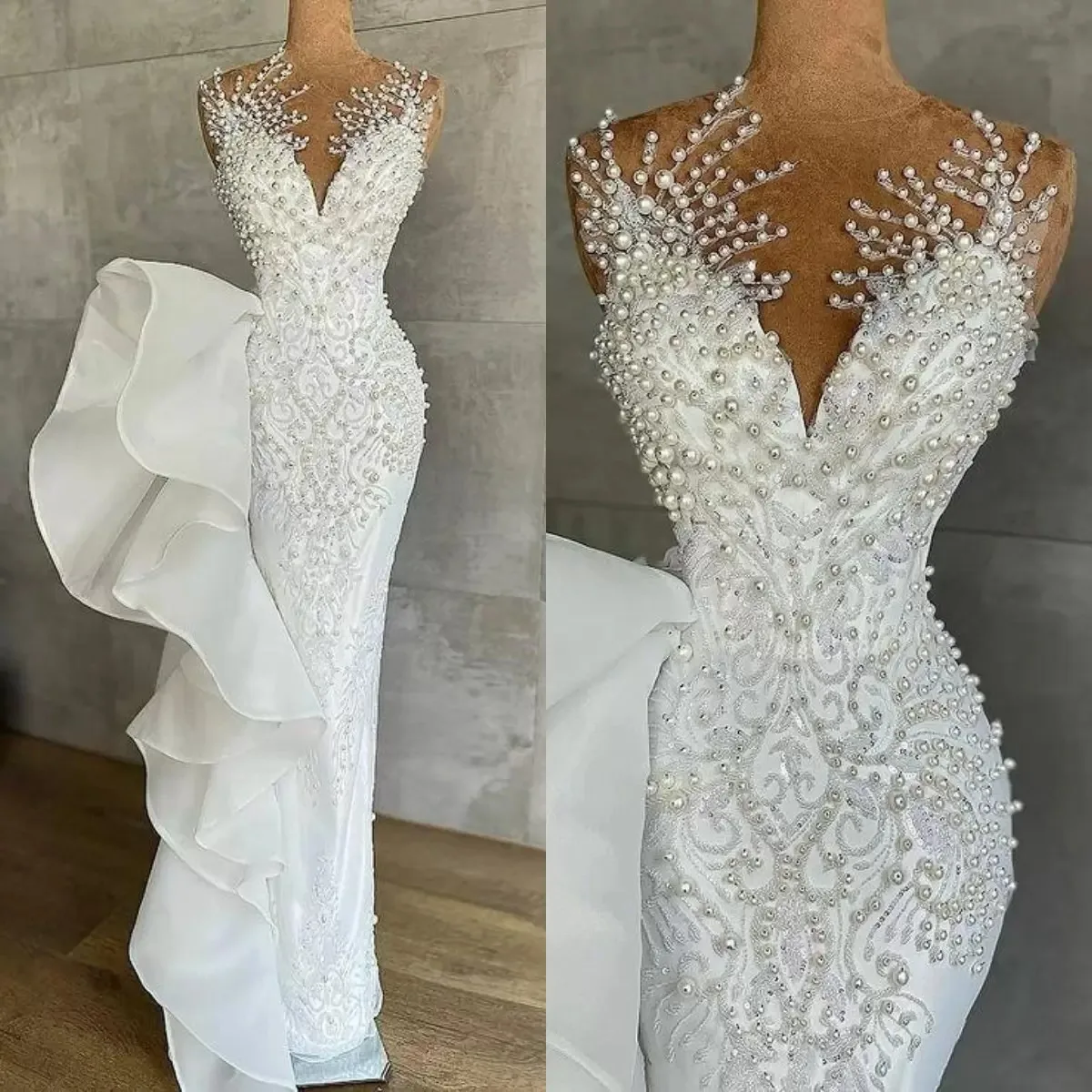 

Luxurious Pearls Mermaid Wedding Dresses Beaded Crystals Beads Lace Jewel Neck Sequined Bridal Gowns Robe de mariée Custom Made