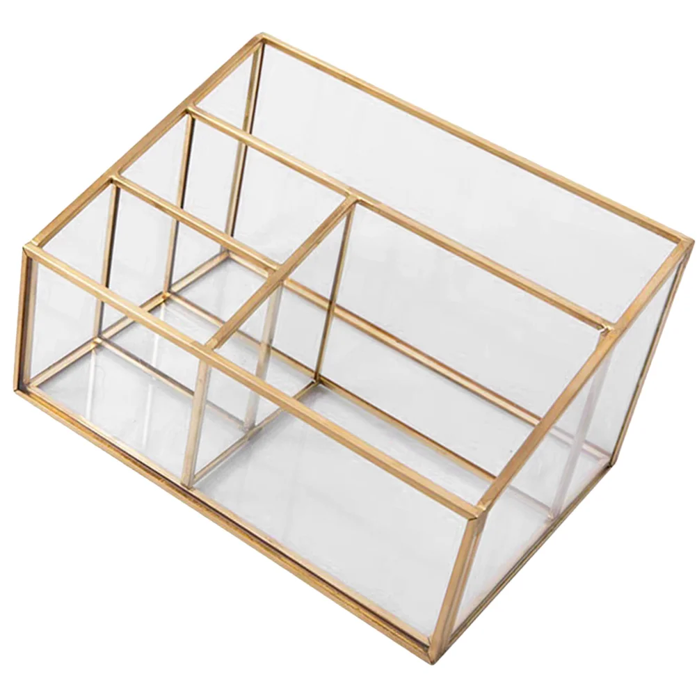 

Metal Frame Glass Storage Box Brush Holder Makeup Organizer Large Lipstick Toiletry Bag For Vanity Showcase