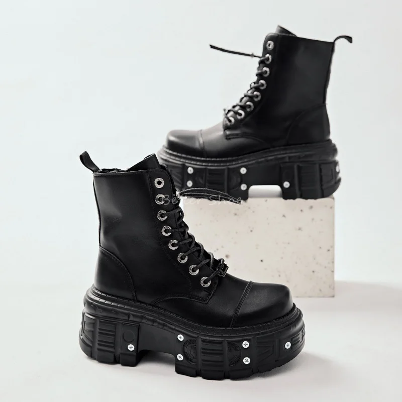 

Black Thick Soled Motorcycle Boots Punk Metal Ankle Boots 2024 Autumn and Winter New Women's Leather Short Shoes Big Size 43 45