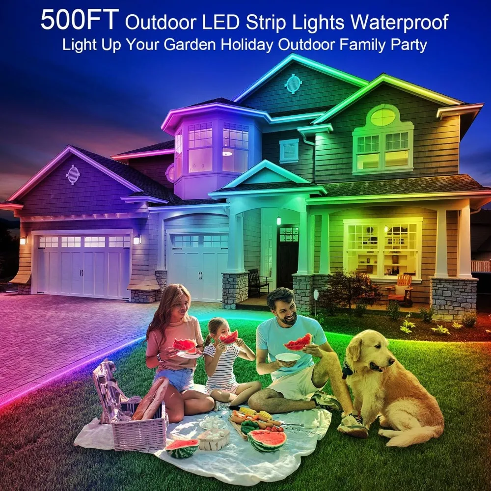 LED Strip Light, 500ft, IP68 Outdoor Waterproof, with App and Remote, with Self-Adhesive Back, Outdoor LED Rope Lights