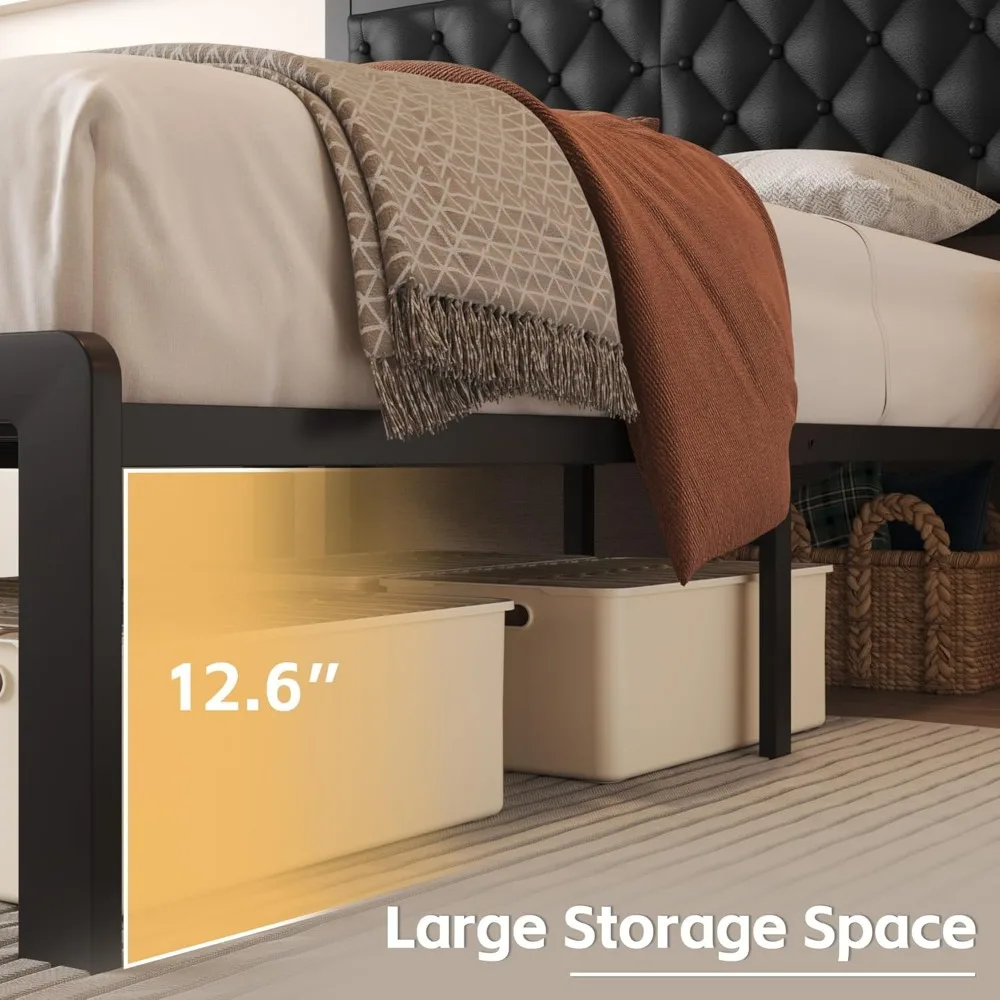 إطار سرير كوين مع منصة إطار سرير منجد من جلد البولي يوريثان على اللوح الأمامي، جميع الشرائح المعدنية تدعم إطار سرير بمنصة مع مساحة تخزين #5