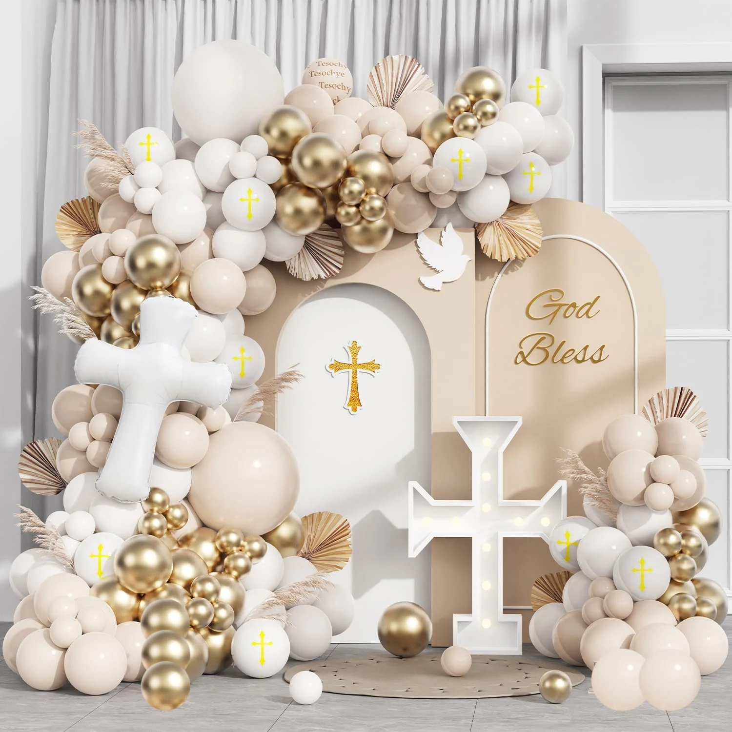 

146pcs First Eucharist themed balloon Wreath Arch Kit Cross and Crown Balloon Eucharist Birthday Wedding decoration