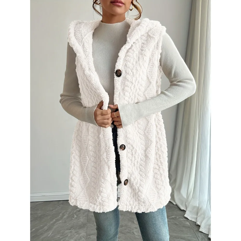 LadiesPlus Size New Upgraded Double Sided Plush and Plush Jacquard Tank Top - Solid Color Thick Hooded Single Breasted Warm Coat