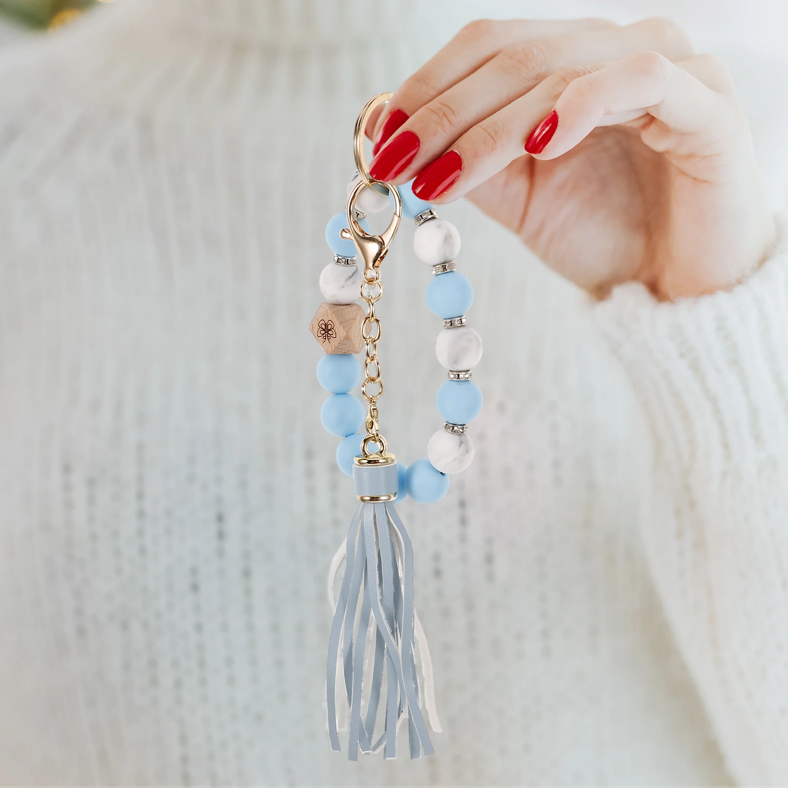 

Beaded Wristlet Silicone Bracelet Women Sports Tassel Silicone Key Ring Bracelet Decor Durable Elastic B Gift