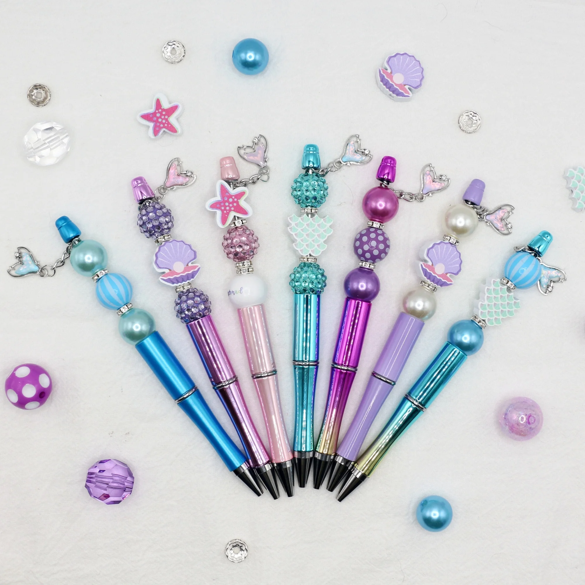 

9Pcs Blue Purple Mermaid DIY Beaded Pen Ballpoint Pen Set Gift Office Stationery