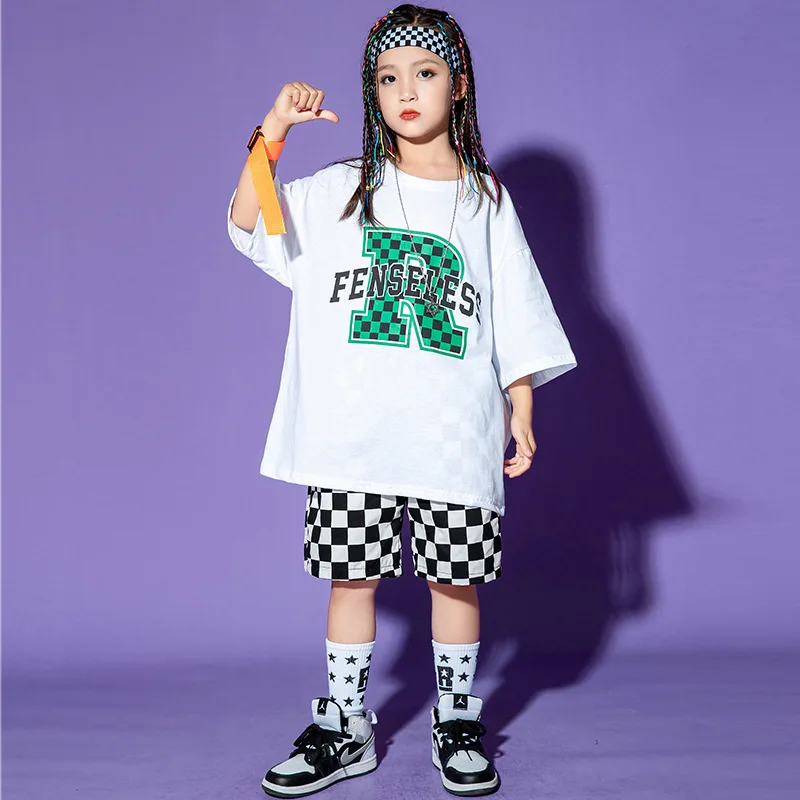 Crianças terno de dança de rua meninos jazz desempenho roupas branco impressão topos xadrez shorts verão meninas hip hop terno
