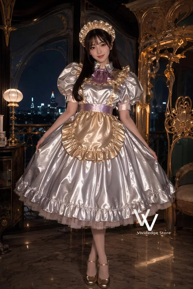 Metallisch Silbernes Lolita-Dienstmädchen-Kleid für Abschlussball und Cosplay, Kurzarm, Goldene Rüschen-Schürze, Lila Schleife, Partykleid, Maßgeschneidertes Abendkleid