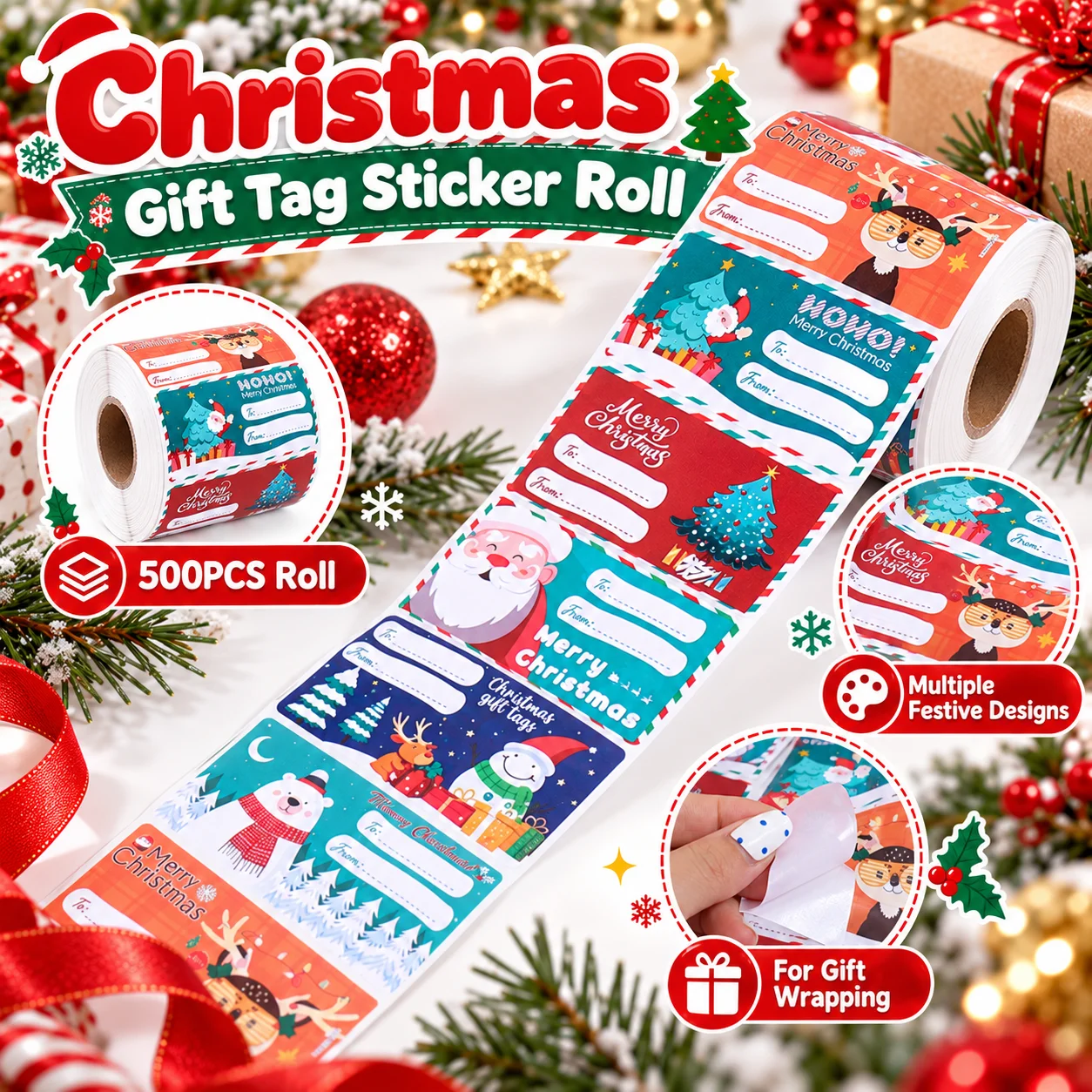 500PCS Christmas gift tag sticker rolls, self-adhesive and writable labels, suitable for gift and holiday packaging seals