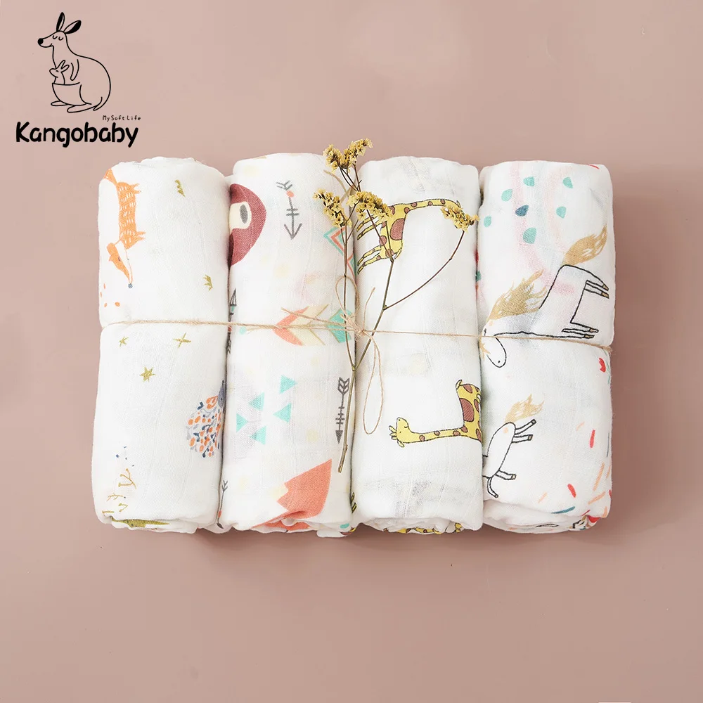 Kangobaby #My Soft Life# 4pcs Set All Season Breathable Baby Muslin Swaddle Blanket Newborn Bath Towel Infant Wrap Quilt