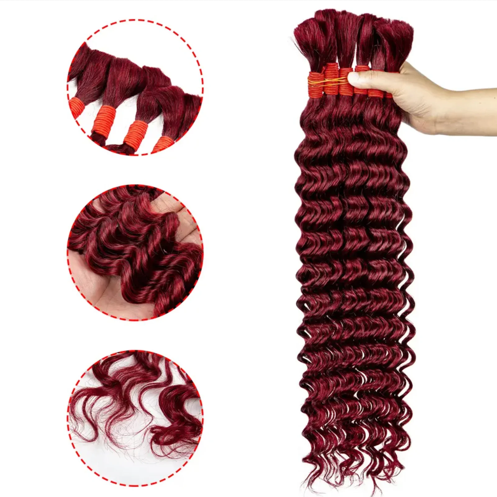 24 Inch Boho Braids Human Hair Bulk Curly Hair Extensions Burgundy Color 99J Deep Wave Human Hair Bulk