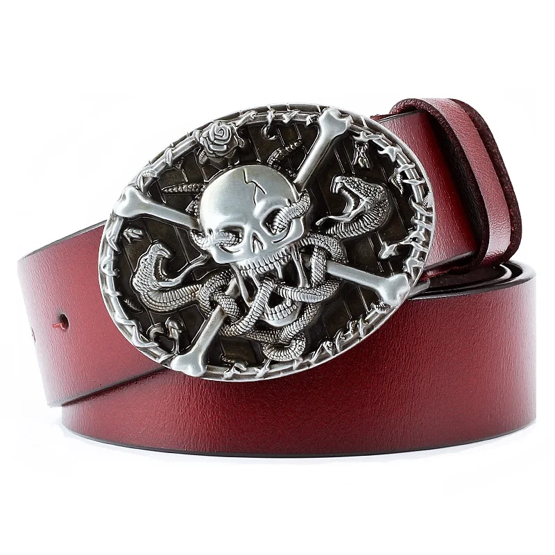 

Fashion Belt Skull Collection Crossbones Skeleton Element Heavy Metal Buckle Cowskin Genuine Leather Waistband For Men Gift