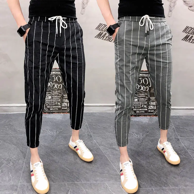 

Мужские летние повседневные брюки в тонкую полоску, облегающие, укороченные, с зауженными штанинами, в стиле Harlan, для молодежи, в энергичном стиле