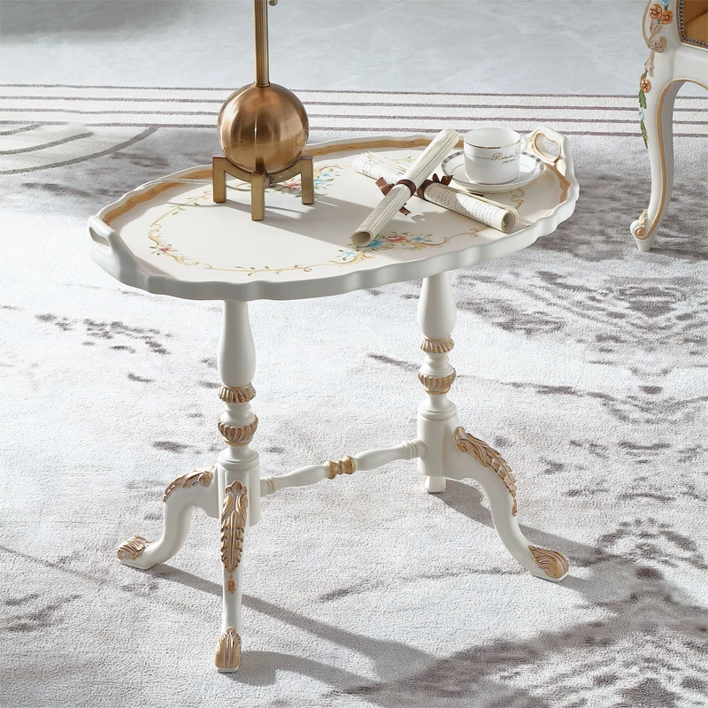 !@Elegant Small French Classic Side Coffee Table White Beech Carving Designs Solid Wood Living Room Furniture