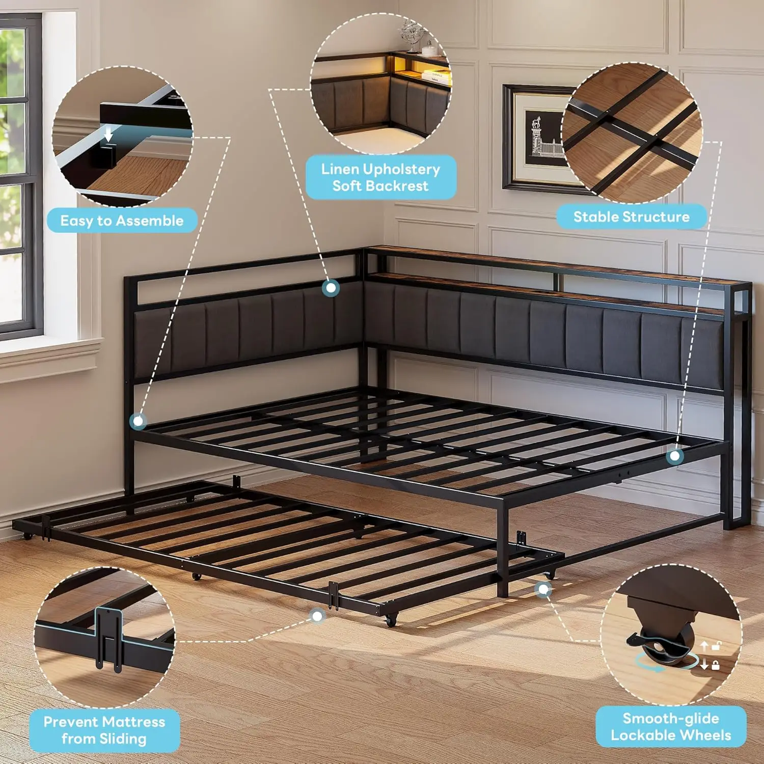 إطار سرير مزدوج كامل من LIKIMIO مع دولاب، ولوح أمامي للتخزين المنجد وأضواء LED، وسرير نهاري مزدوج الحجم مع محطة شحن #6
