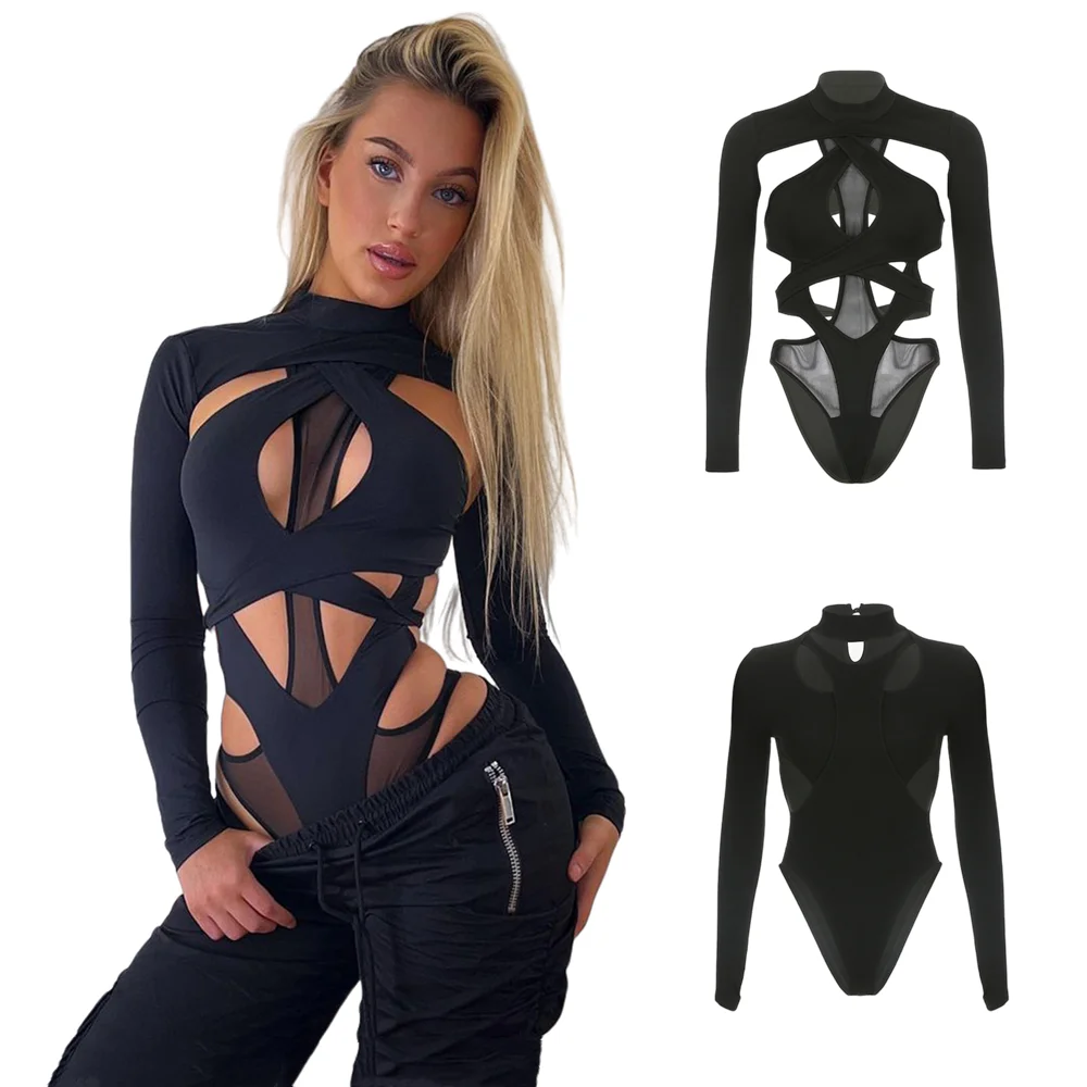 Sexy See Through Bodysuit Lingerie Women Backless Hollow Out Rave Festival Outfit Sheer Mesh Long Sleeve Bodycon Tops Streetwear