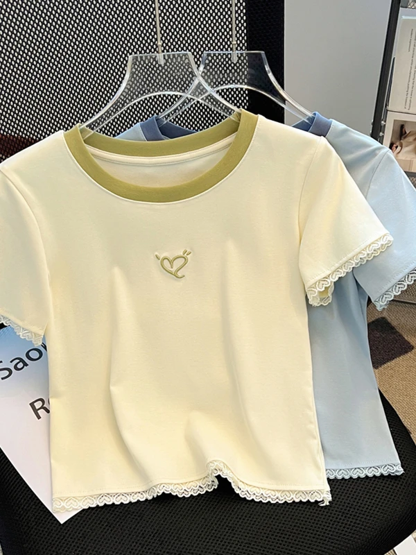 Short Sleeve T-Shirt Women Summer New Design Sensation Shoulder Lace Trim Small Shirt Small Size Top Cotton Breathable Material