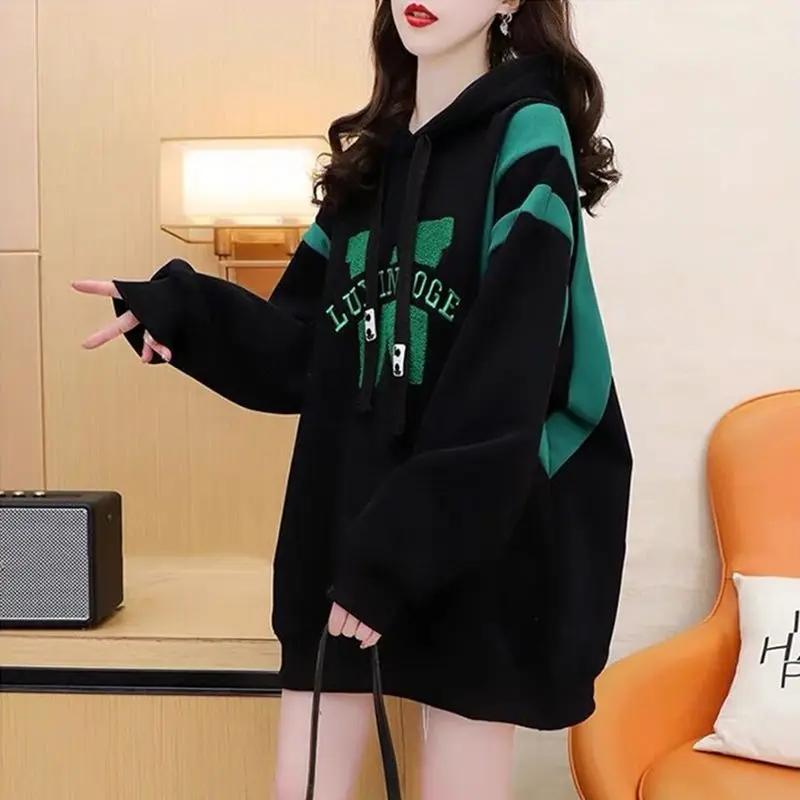 Fashion Spliced Letter Embroidery Hooded Casual Dress Female Clothing 2024 Autumn Winter New Oversized Young Style Mini Dress