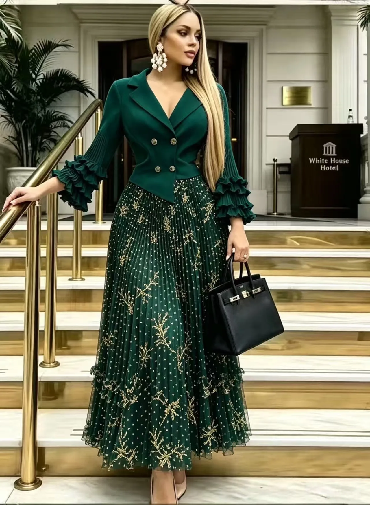 Miyake Light Luxury Commuter Style Lantern Sleeve Printed Dress 2026 Spring and Autumn Waist Bronzing Pleated Long Dress Women
