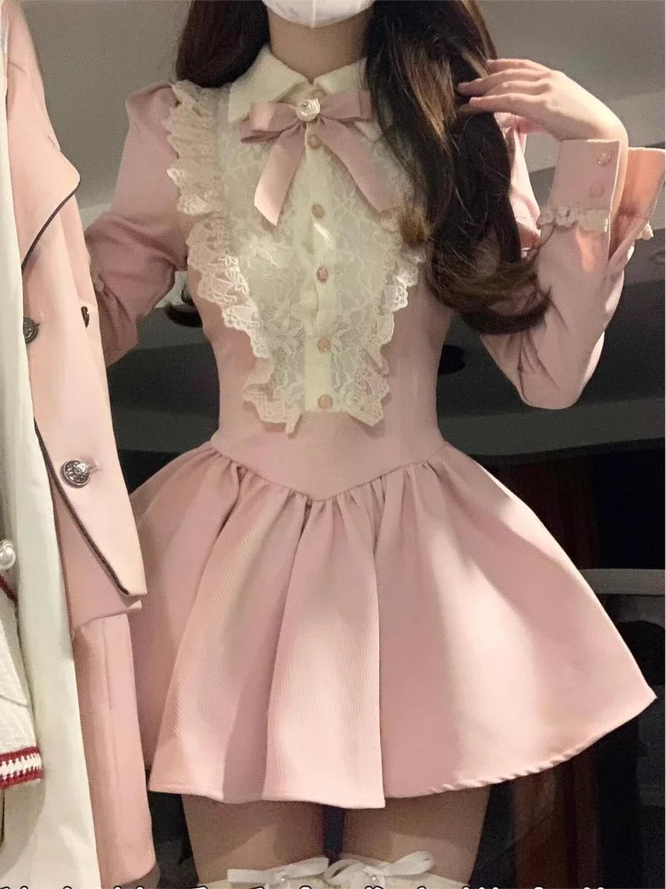 

Fairy Sweet Peter Pan Collar Bow Dress Women Vintage Patchwork Lace Dresses Y2k Aesthetic Puff Sleeve Party Midi Vestido 2024